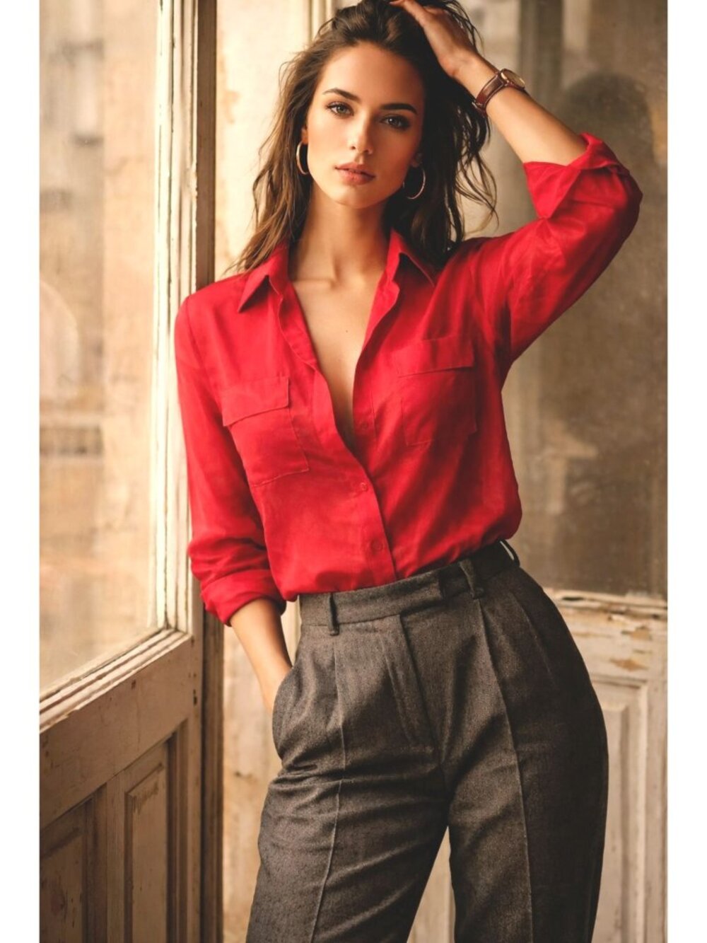 Forever 21 Size M Red Sheer Button Up Blouse Minimalist Chic Streetwear Boldness